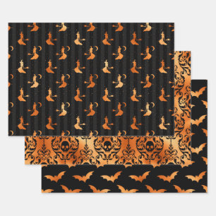 Orange Hexe, Totenkopf und Fledermaus Halloween-Mu Geschenkpapier Set