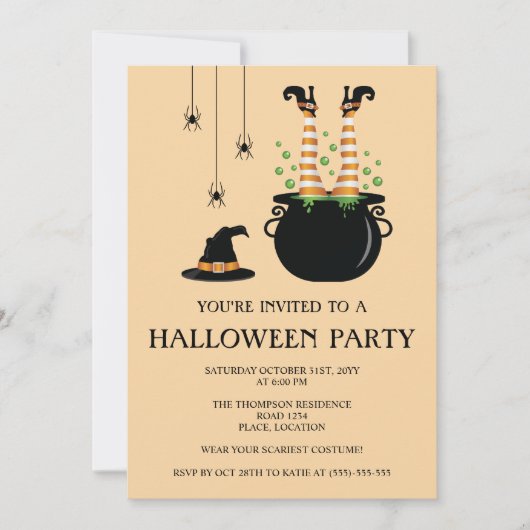 Orange Hexenbeine in einem Cauldron-Halloween-Part Einladung (Vorderseite)