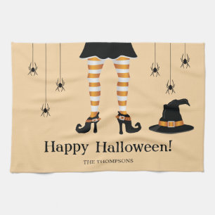 Orange Hexenbeine mit Hut und Spinnen Halloween Geschirrtuch