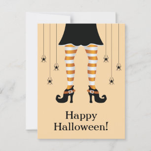 Orange Hexenbeine und Spinnen Frohes Halloween Tex Postkarte
