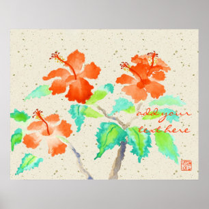 Orange Hibiskus Aquarellmalerei Beige Waschi Poster