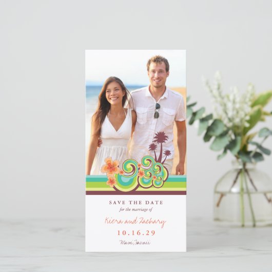Orange Hibiskus Tropical Aquamarin Waves Beach Fot Save The Date (Stehend Vorderseite)