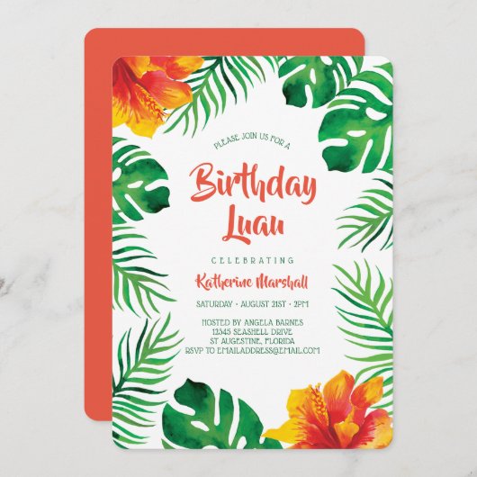Orange Hibiskus Tropical Blätter Birthday Luau Einladung (Vorne/Hinten)