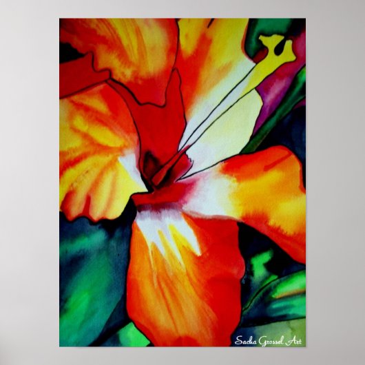 Orange Hibiskus Tropische Blume Aquarellkunst Poster (Vorne)