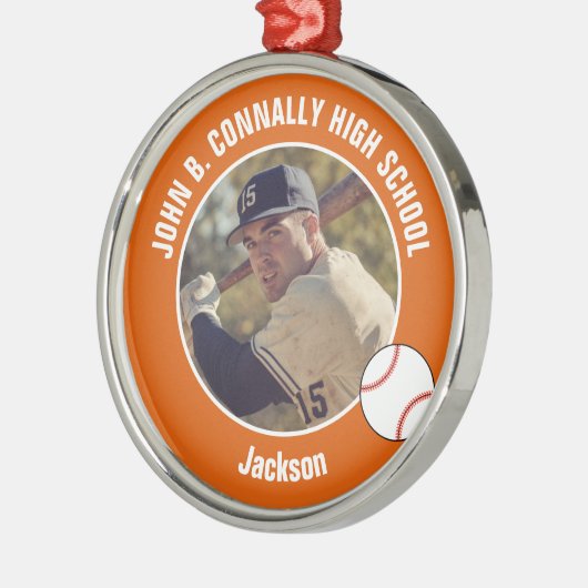 Orange High School Baseballspieler Foto Weihnachte Ornament Aus Metall (Links)