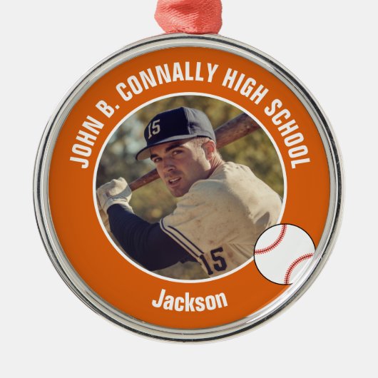 Orange High School Baseballspieler Foto Weihnachte Ornament Aus Metall (Vorne)
