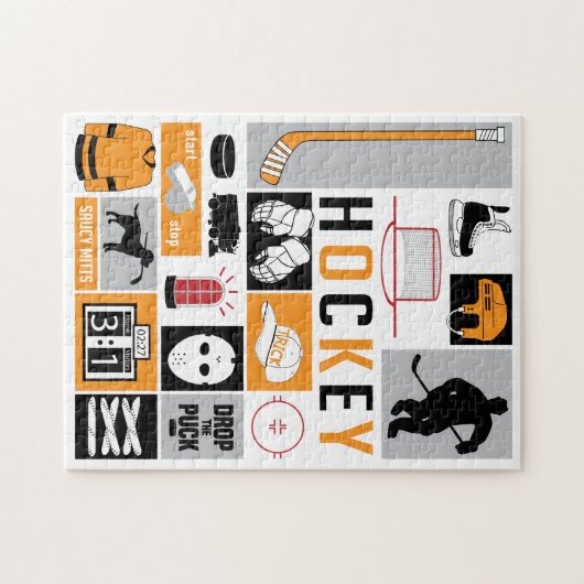 Orange Hockey Elements Stick Puck Player Puzzle (Horizontal)