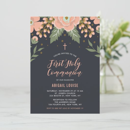 Orange Honey Blooms Floral First Holy Communion Einladung (Stehend Vorderseite)
