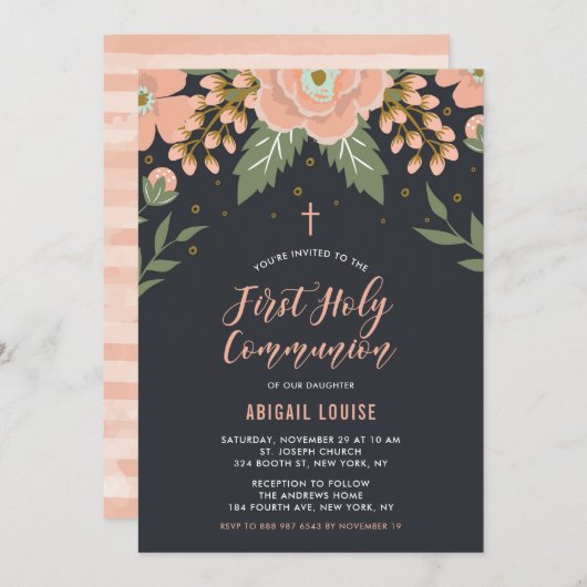 Orange Honey Blooms Floral First Holy Communion Einladung (Vorne/Hinten)