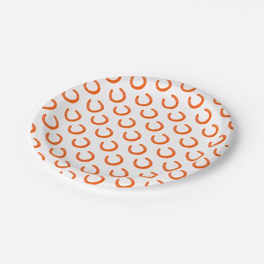 Orange Horseshoe Pattern Pferdepony Reitsport Spaß Pappteller (Schrägansicht)