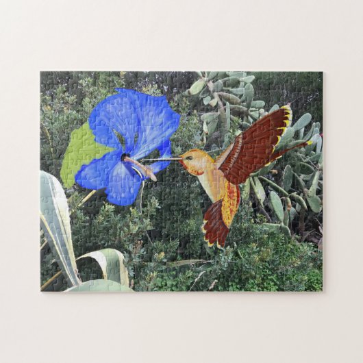 Orange Hummingbird und Blauer Hibiskus Puzzle (Horizontal)