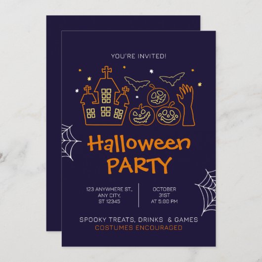 Orange Illustrative Halloween Costume Party Einladung (Vorne/Hinten)