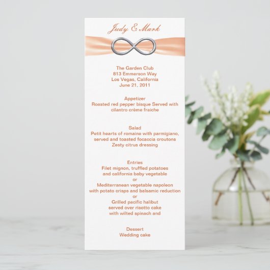 Orange Infinity Wedding Menu Card Menükarte (Stehend Vorderseite)