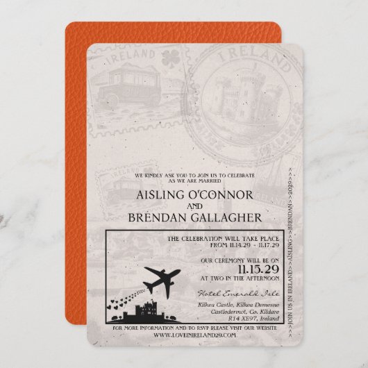 Orange Ireland Passport Hochzeitseinladung Einladung (Vorne/Hinten)