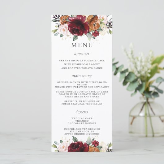 Orange Ivory Burgundy Floral Wedding Menu Programm (Stehend Vorderseite)