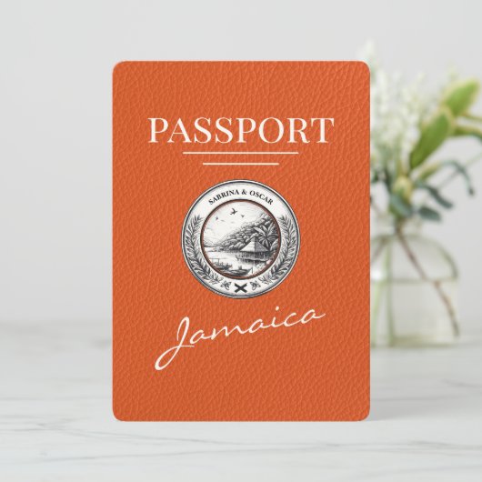 Orange Jamaica Passport Save the Date (Stehend Vorderseite)