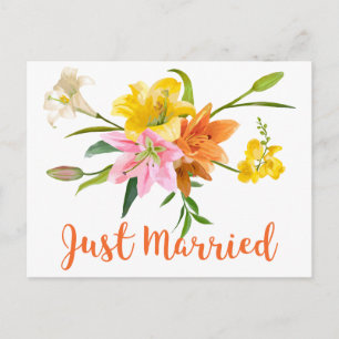 Orange Just Married Hochzeit Lilien Blumen Rosa Ankündigungspostkarte