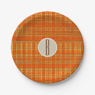 Orange Kariert & Braun Kraft Rustikale Monogramm-I Pappteller