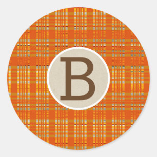 Orange Kariert & Braun Kraft Rustikale Monogramm-I Runder Aufkleber