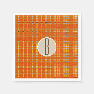 Orange Kariert & Braun Kraft Rustikale Monogramm-I Serviette