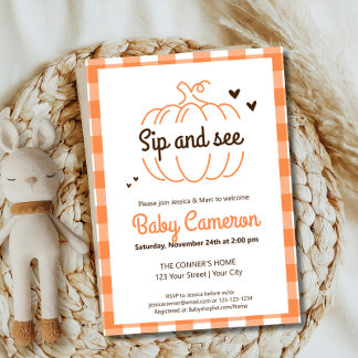 Orange Kariert Fall Pumpkin Sip und sehen Greet Einladung