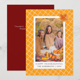 Orange Kariert Happy Thanksgiving Herbst Foto Feiertagskarte