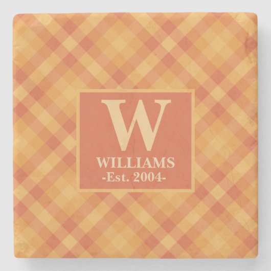Orange Kariert Herbst FALL Monogram Familienname Steinuntersetzer (Vorderseite)