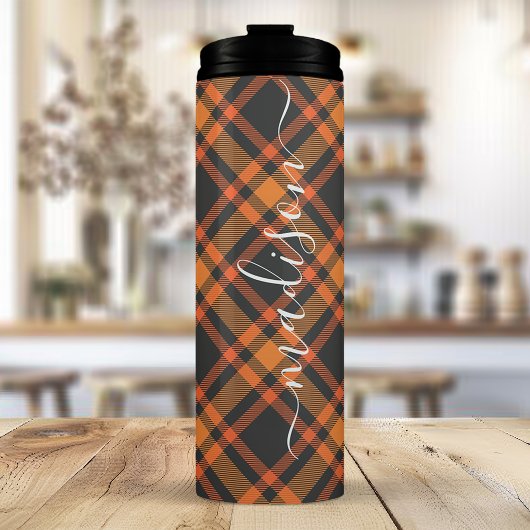 Orange Kariert Herbst-Unterschrift Skriptname Thermosbecher