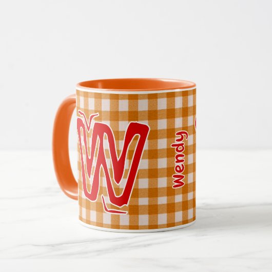 Orange Kariert (Monogramm, Name) Vintager Kaffee Tasse (Vorderseite Links)