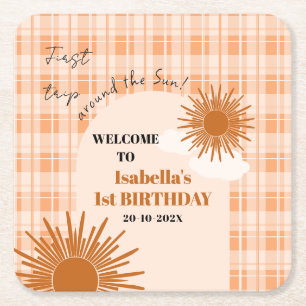 Orange Karo Erstes Jahr um die Sonne Geburtstag Rechteckiger Pappuntersetzer