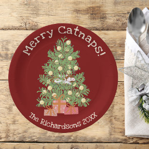 Orange Katze auf Weihnachtsbaum Merry Catnaps! Rot Pappteller