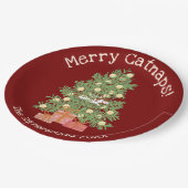 Orange Katze auf Weihnachtsbaum Merry Catnaps! Rot Pappteller (Schrägansicht)