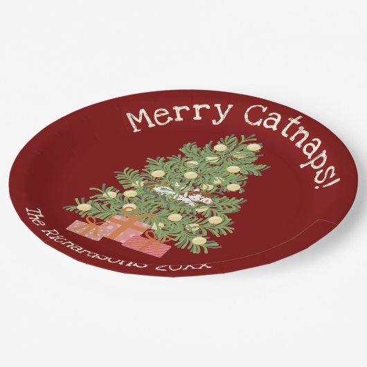 Orange Katze auf Weihnachtsbaum Merry Catnaps! Rot Pappteller (Schrägansicht)