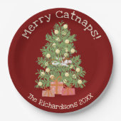 Orange Katze auf Weihnachtsbaum Merry Catnaps! Rot Pappteller (Vorderseite)