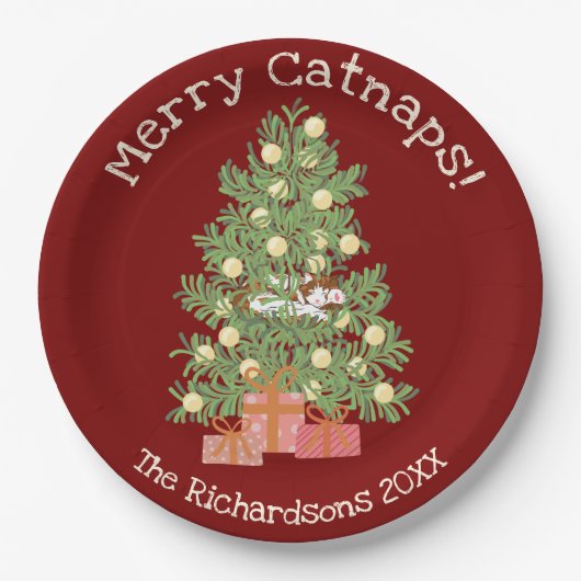 Orange Katze auf Weihnachtsbaum Merry Catnaps! Rot Pappteller (Vorderseite)