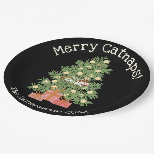 Orange Katze auf Weihnachtsbaum Merry Catnaps! Sch Pappteller (Schrägansicht)