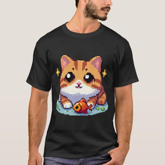 Orange Katze mit Fisch Pixelart T-Shirt (Vorderseite)