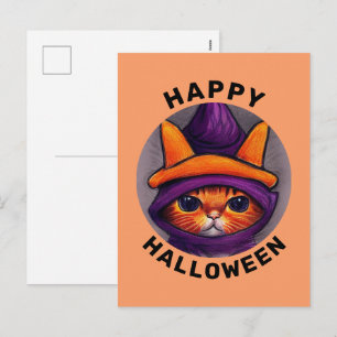 Orange Katze mit lila Hexenhut Frohes Halloween Feiertagspostkarte