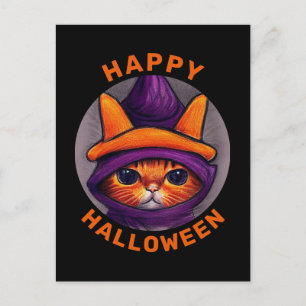 Orange Katze mit lila Hexenhut Frohes Halloween  Feiertagspostkarte