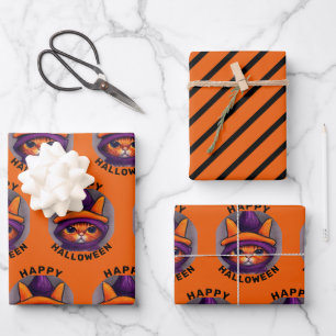 Orange Katze mit lila Hexenhut Frohes Halloween  Geschenkpapier Set
