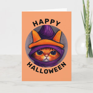 Orange Katze mit lila Hexenhut Frohes Halloween Karte
