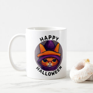 Orange Katze mit lila Hexenhut Halloween Kaffeetasse