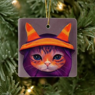 Orange Katze mit lila Hexenhut Halloween Keramikornament