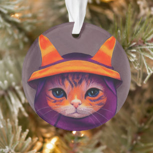 Orange Katze mit lila Hexenhut Halloween  Ornament