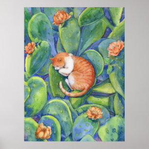 Orange Katze schlafend unter blühenden Kakteen Fin Poster