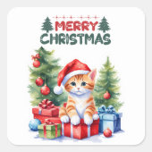 Orange Kitten in Weihnachtsmannmütze Frohe Weihnac Quadratischer Aufkleber (Vorderseite)