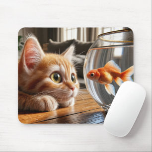 Orange Kitten sieht einen Goldfisch Mousepad