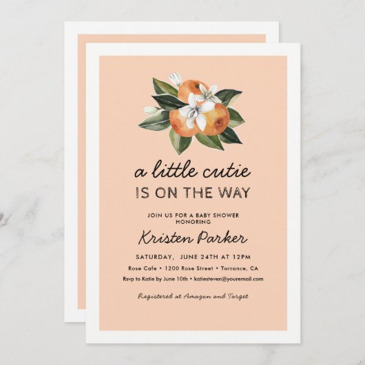 Orange kleine Süsse ist auf dem Weg Babydusche Einladung (Vorne/Hinten)