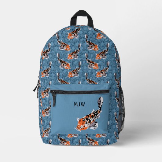 Orange Koi Fisch auf Blauen Waves Gemustert Bedruckter Rucksack (Vorderseite)