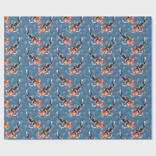 Orange Koi Fisch auf Blauen Waves Gemustert Geschenkpapier (Flach)